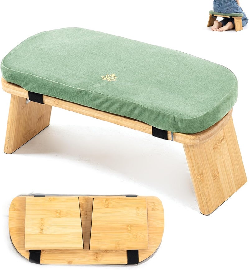 Estleys Meditation Bench, Bamboo Meditation Stool, Folding Kneeling Meditation Bench, Seiza Prayer Bench, Prayer Bench with Meditation Cushion, Kneeling Stool (Green) - Image 1